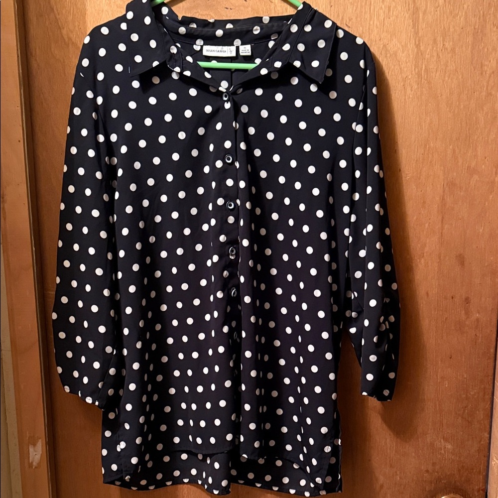 Susan Graver Black Polka Dot Button-Front Blouse